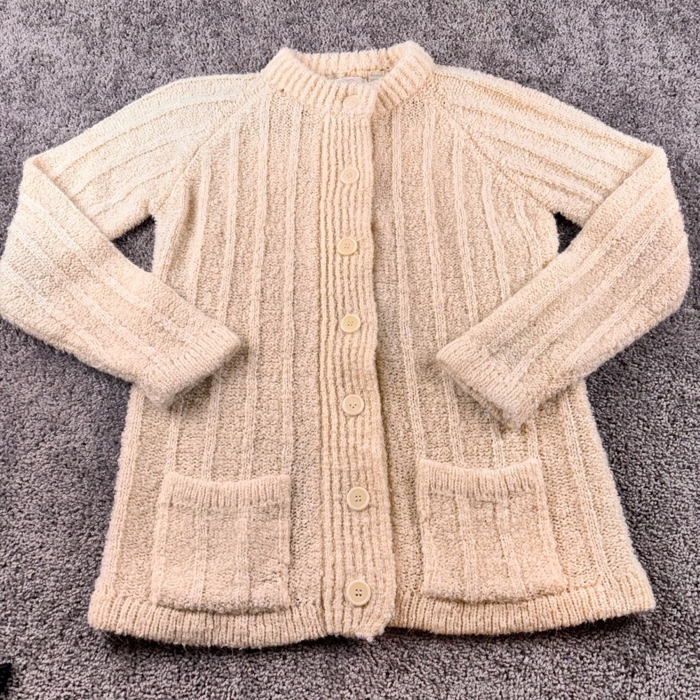 Vintage Wayne Taylor Sweater Sweater Cardigan Womens M Ivory Acrylic 70s Pockets